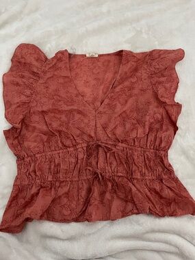 a.n.a Rust Floral V-Neck Drawstring Waist Blouse